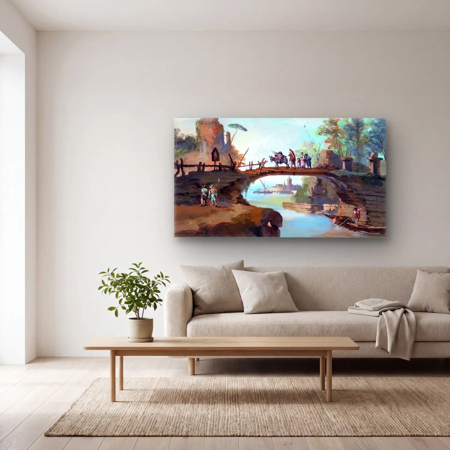 Giuseppe Bernardino Bison – Landscape with Figures and a Bridge cam tablo — açık renk salonda