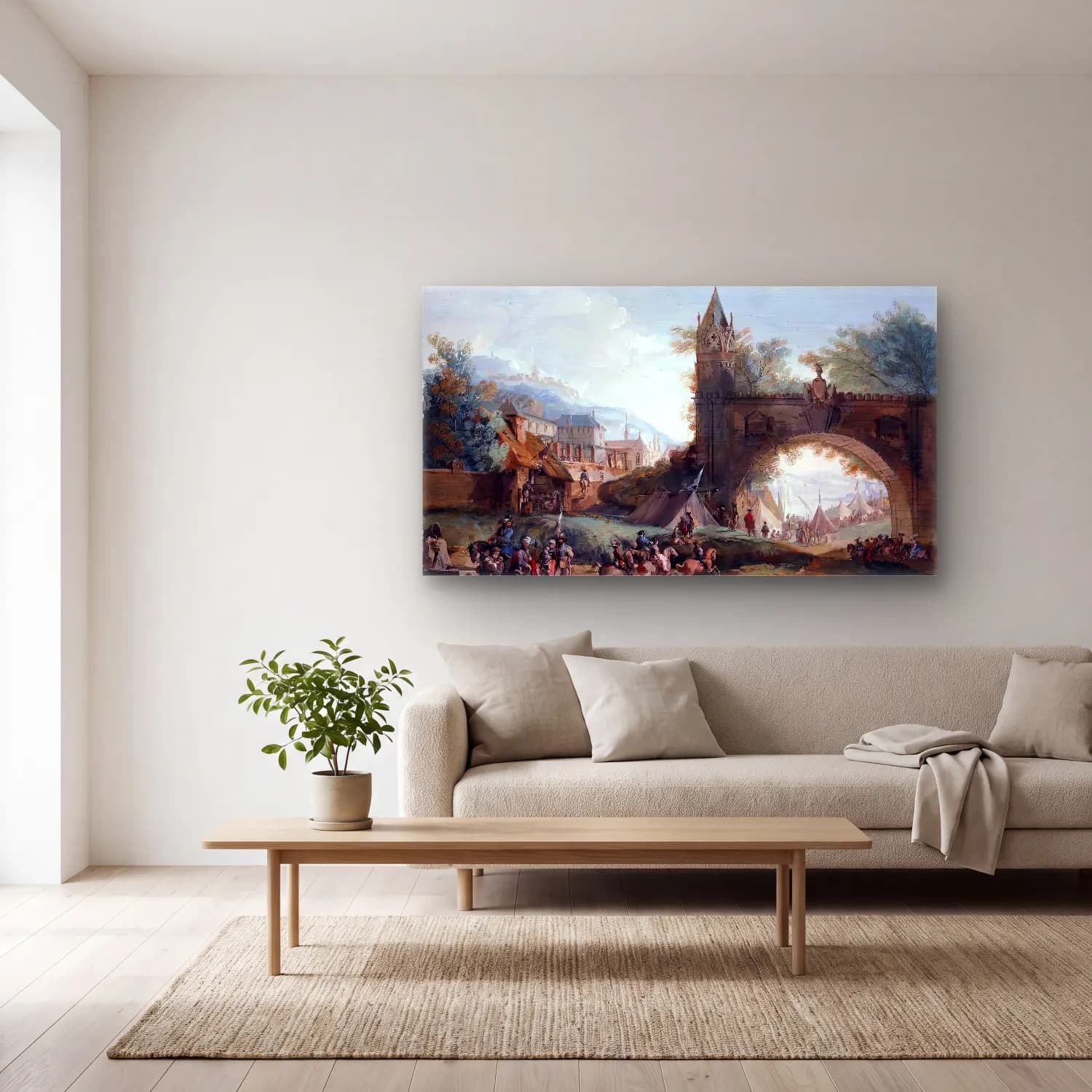 Giuseppe Bernardino Bison – Landscape with Soldiers on Horseback cam tablo — açık renk salonda