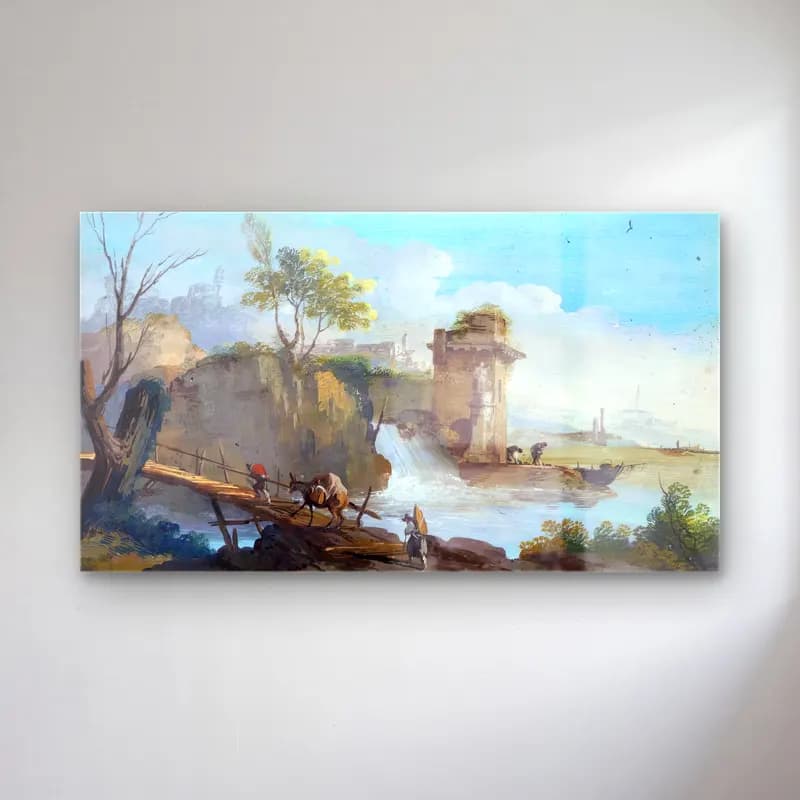 Giuseppe Bernardino Bison – Landscape with Travellers cam tablo — Giuseppe Bernardino Bison – Landscape with Travellers — yağlı boya kırda nehir