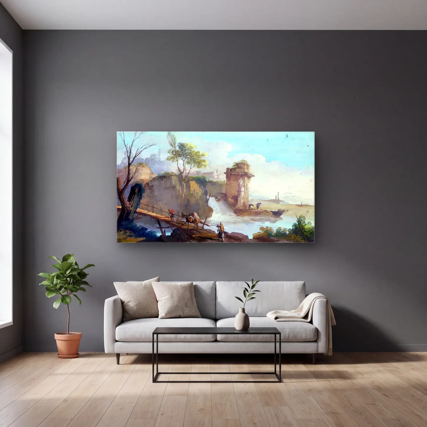 Giuseppe Bernardino Bison – Landscape with Travellers cam tablo — gri duvarlı salonda