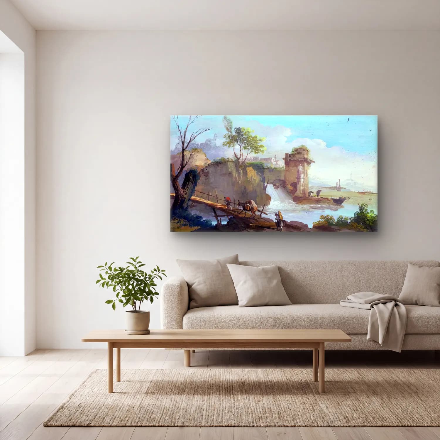 Giuseppe Bernardino Bison – Landscape with Travellers cam tablo — açık renk salonda
