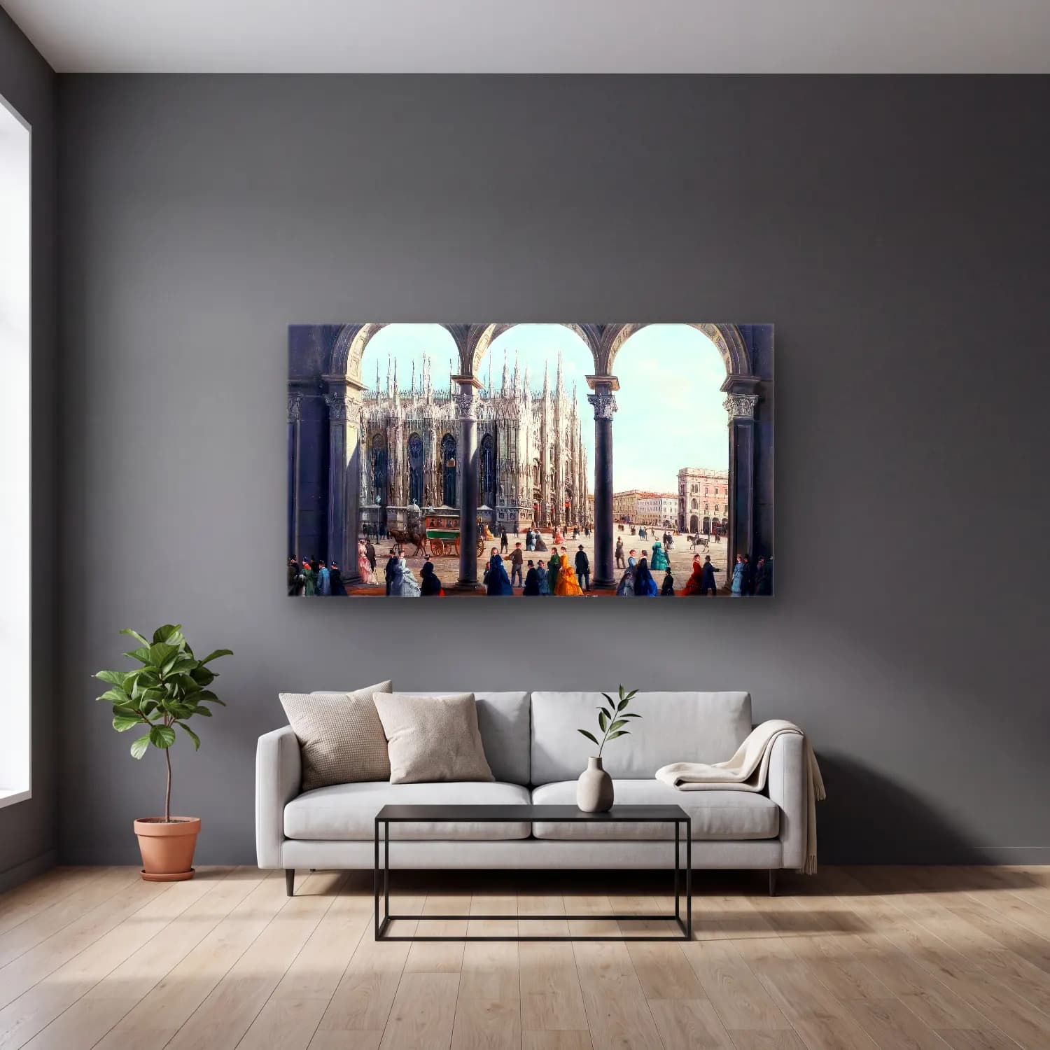 Giuseppe Bernardino Bison – View of Milan Cathedral from the Colonnade cam tablo — gri duvarlı salonda