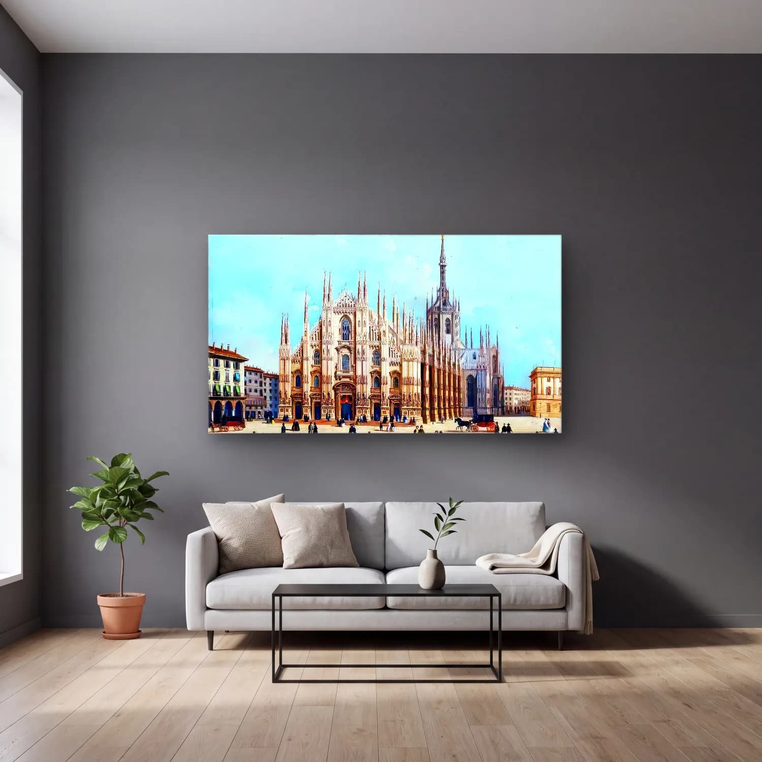 Giuseppe Bernardino Bison – View of the Cathedral, Milan cam tablo — gri duvarlı salonda