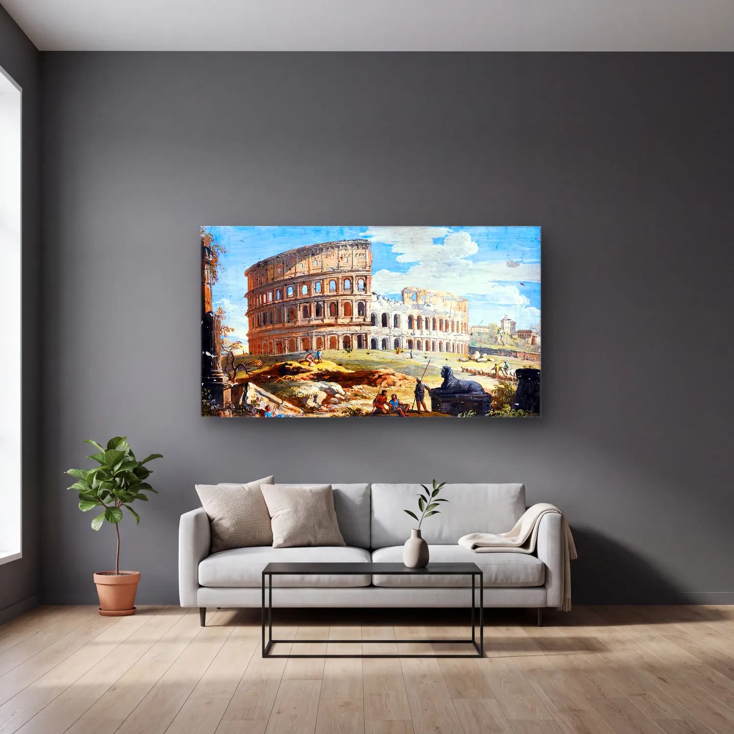 Giovanni Battista Busiri – Roman View The Colosseum cam tablo — gri duvarlı salonda