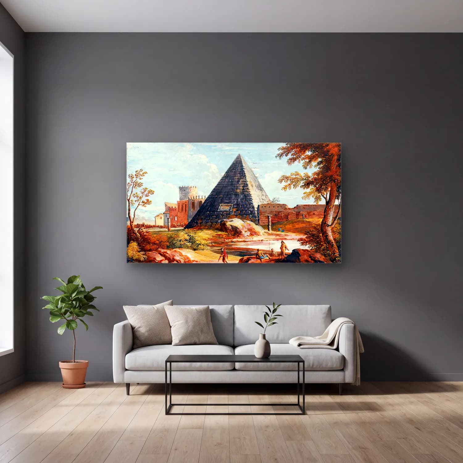 Giovanni Battista Busiri – Roman View The Pyramid of Caius Cestius cam tablo — gri duvarlı salonda