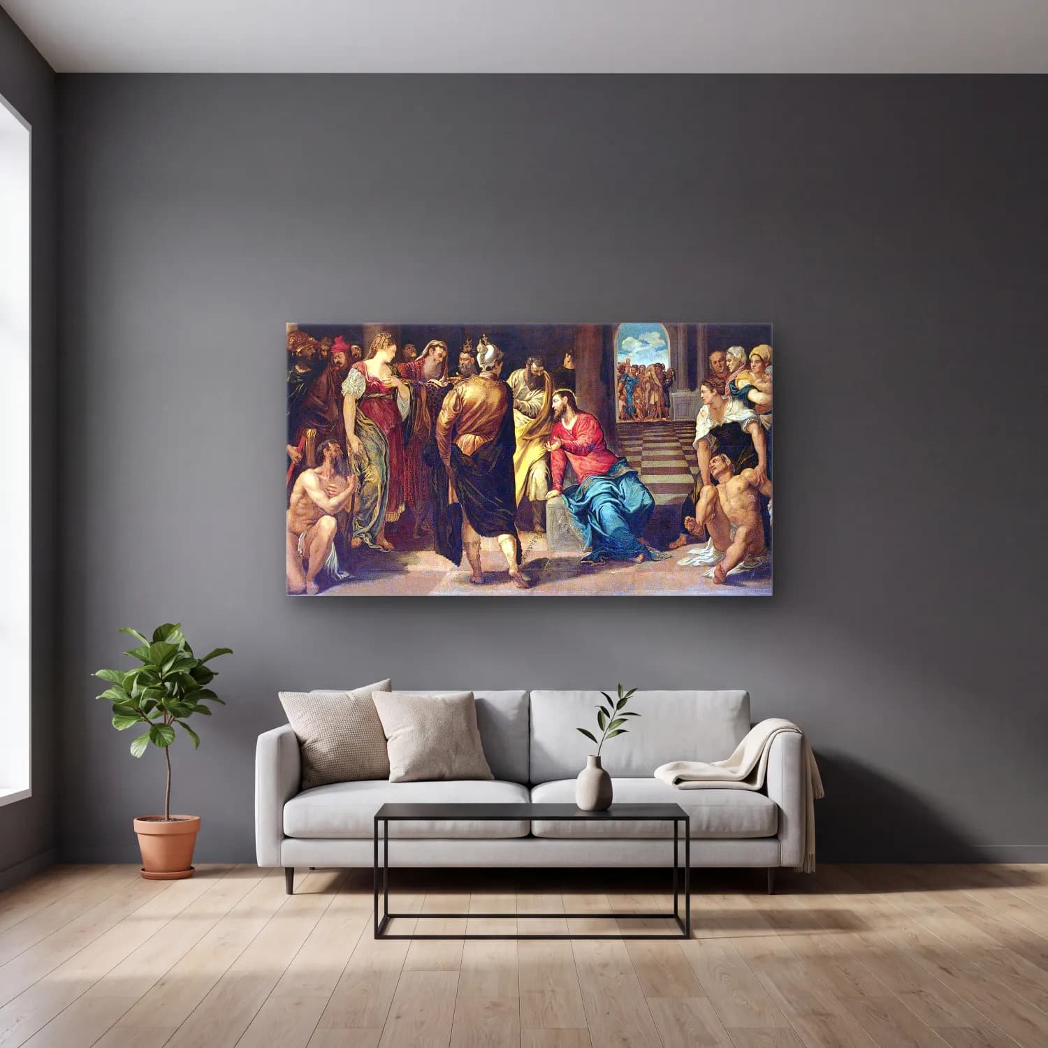 Jacopo Tintiretto – Christ and the Adulteress cam tablo — gri duvarlı salonda