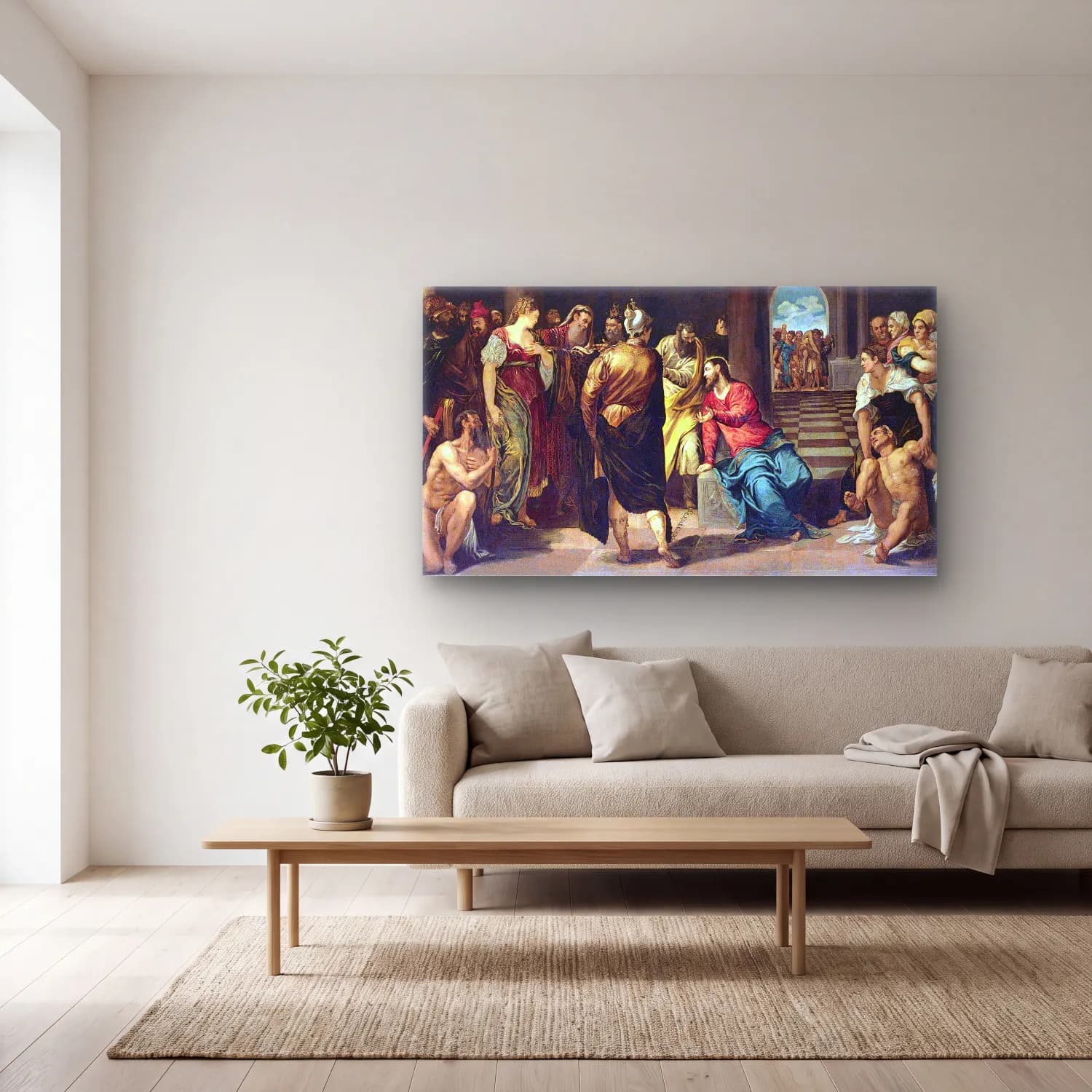 Jacopo Tintiretto – Christ and the Adulteress cam tablo — açık renk salonda