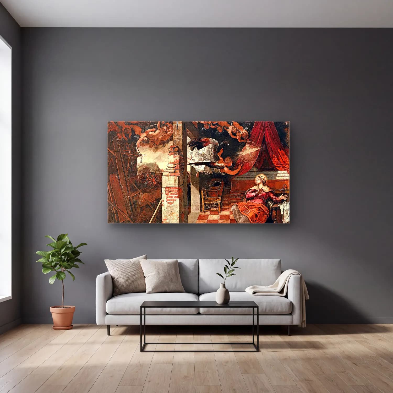 Jacopo Tintoretto – Annunciation cam tablo — gri duvarlı salonda