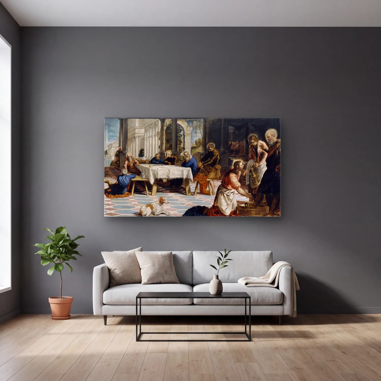 Jacopo Tintoretto – Christ Washing the Disciples Feet – Siyah Beyaz Tonlar cam tablo — gri duvarlı salonda