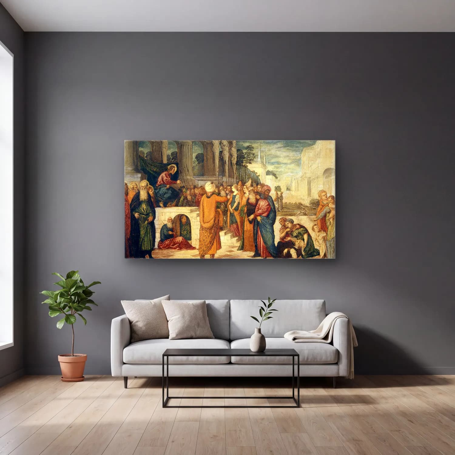 Jacopo Tintoretto – Christ and the Adulteress cam tablo — gri duvarlı salonda
