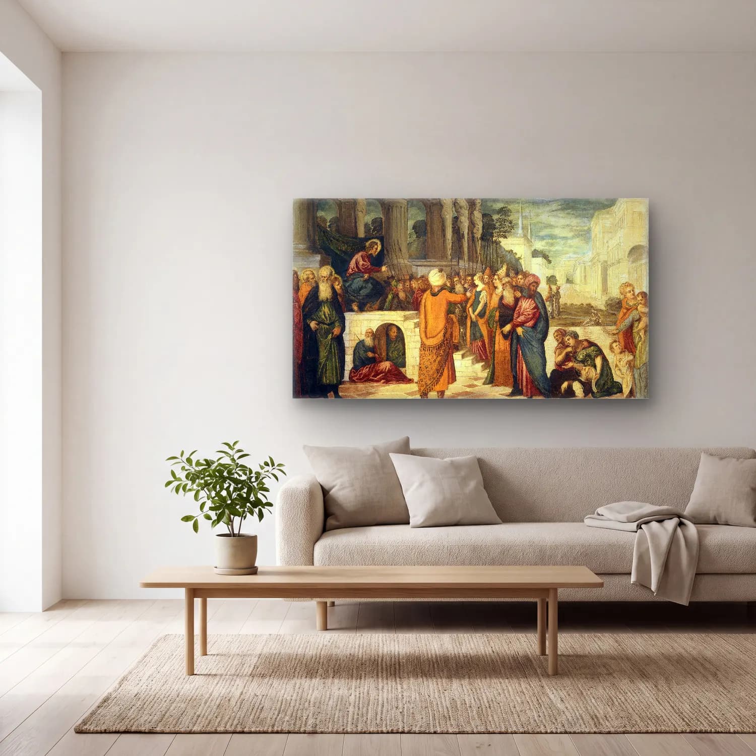 Jacopo Tintoretto – Christ and the Adulteress cam tablo — açık renk salonda