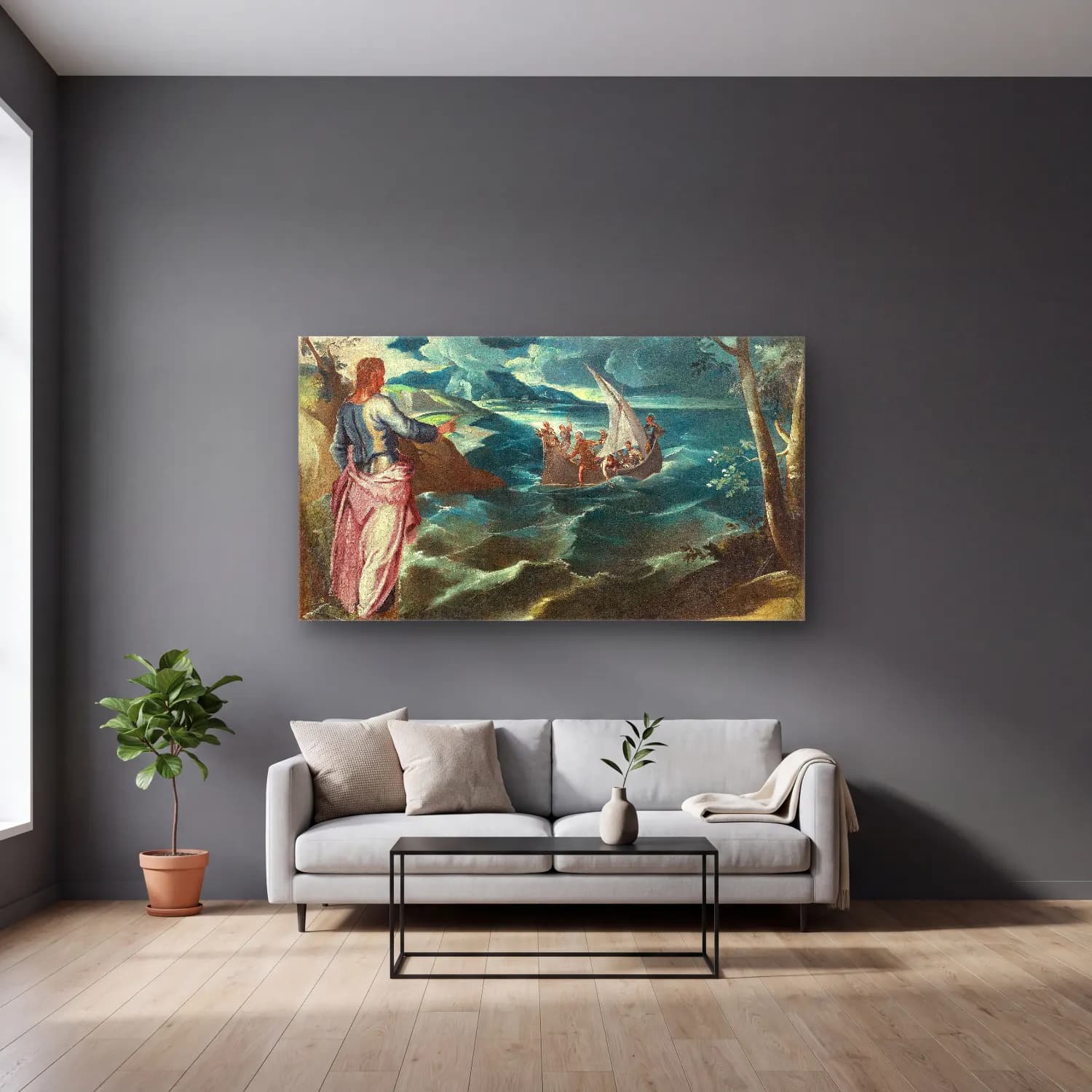 Jacopo Tintoretto – Christ at the Sea of Galilee cam tablo — gri duvarlı salonda