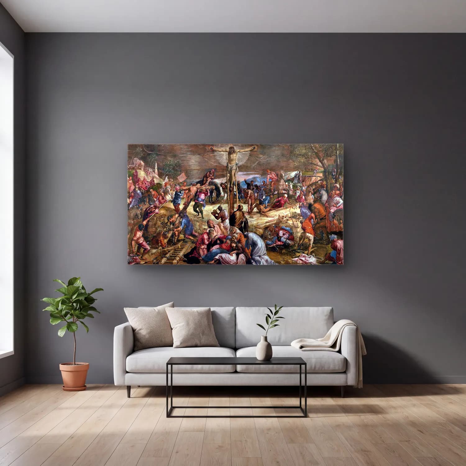 Jacopo Tintoretto – Crucifiction cam tablo — gri duvarlı salonda