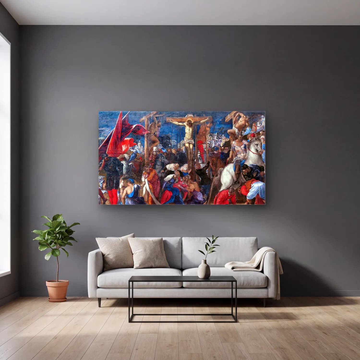 Jacopo Tintoretto – Crucifixion (oil on canvas) cam tablo — gri duvarlı salonda