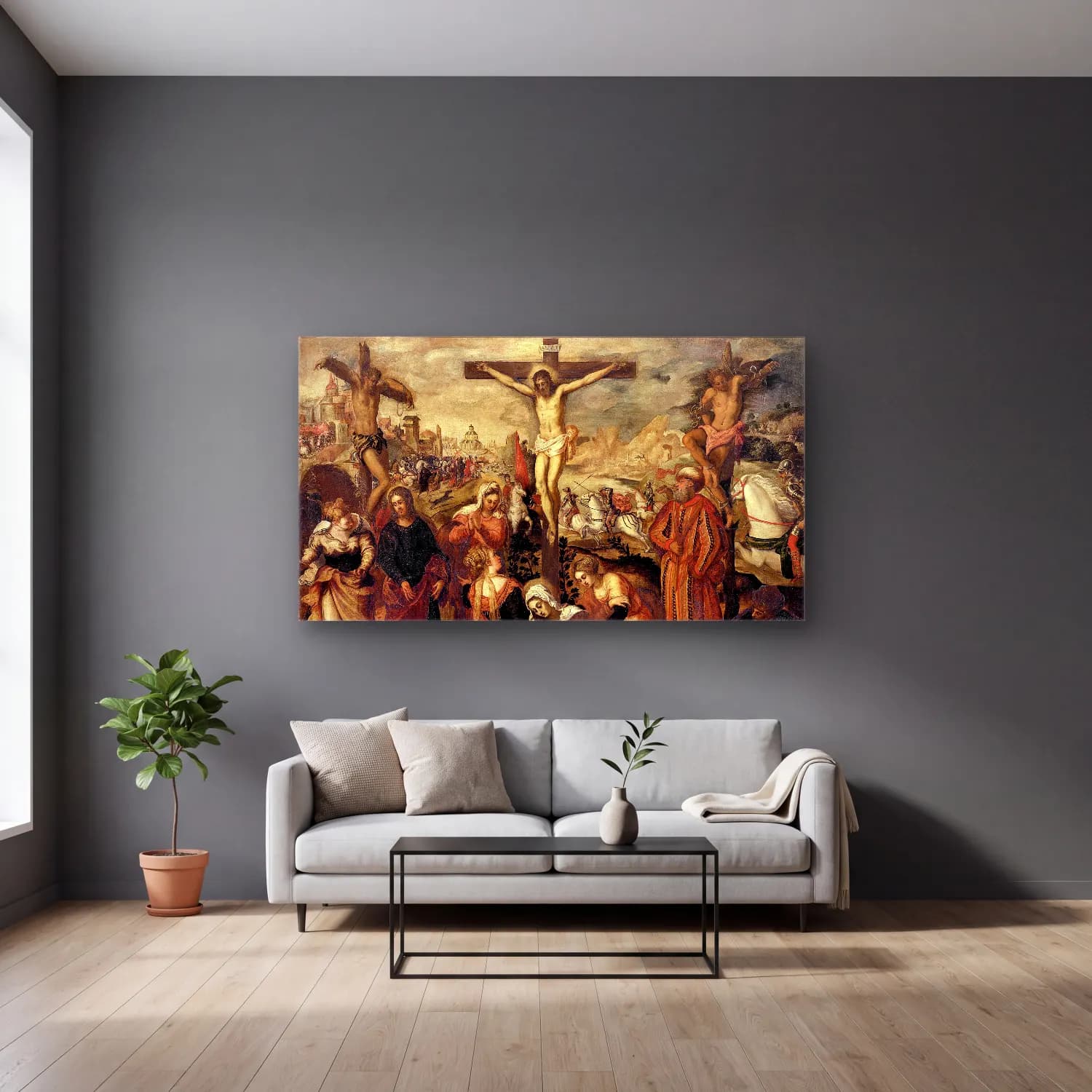Jacopo Tintoretto – Crucifixion cam tablo — gri duvarlı salonda