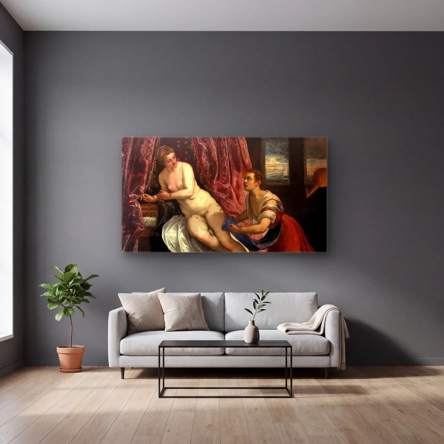 Jacopo Tintoretto – Danae cam tablo — gri duvarlı salonda