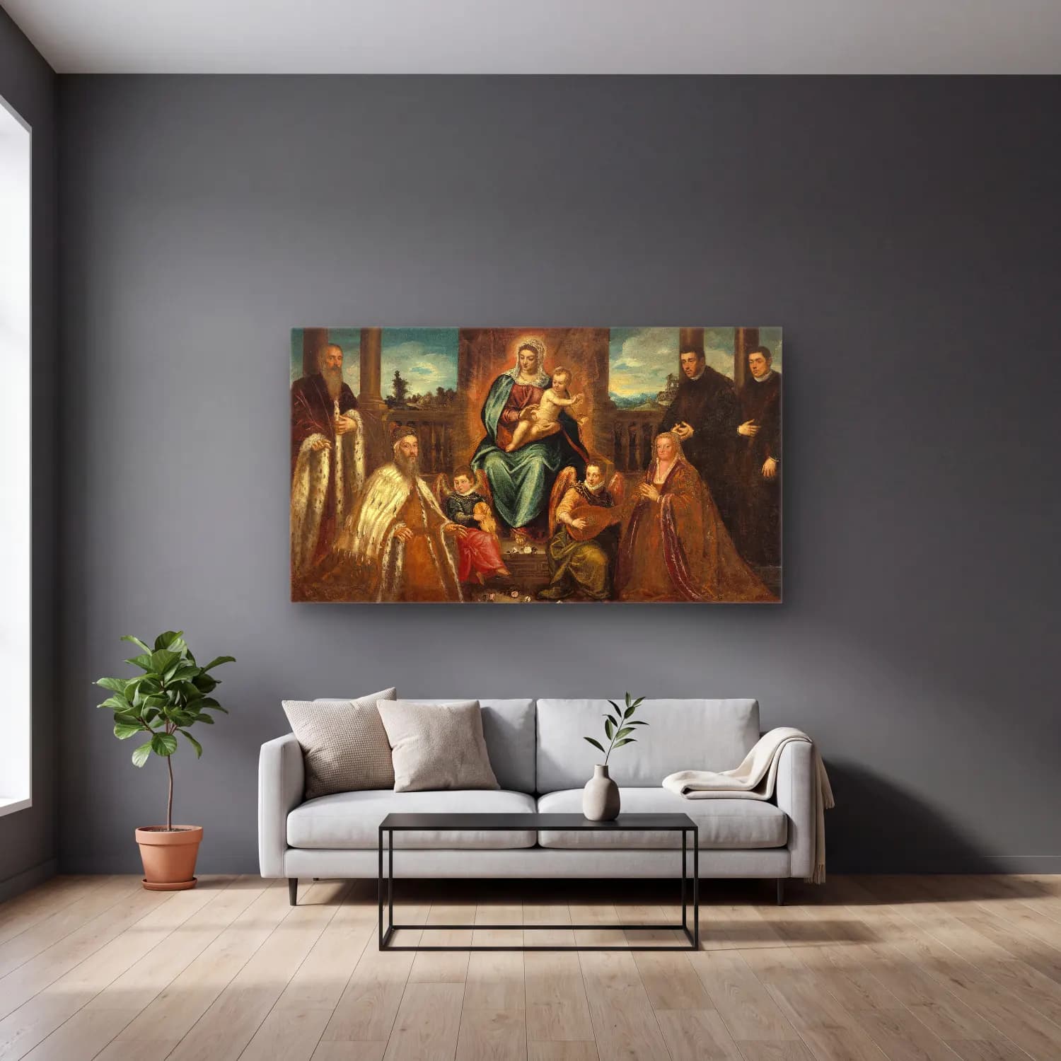 Jacopo Tintoretto – Doge Alvise Mocenigo and Family before the Madonna and Child cam tablo — gri duvarlı salonda