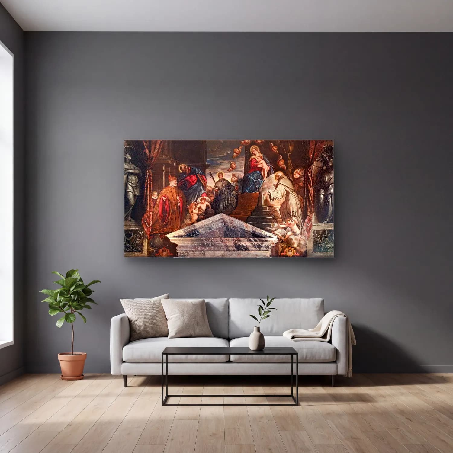 Jacopo Tintoretto – Doge Andrea Gritti assisted cam tablo — gri duvarlı salonda