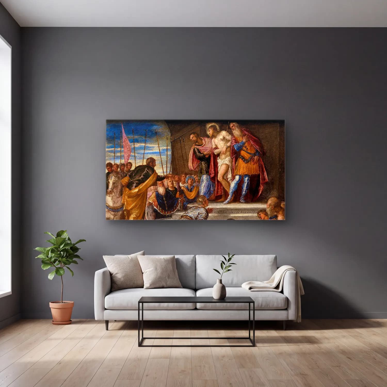 Jacopo Tintoretto – Ecce Homo cam tablo — gri duvarlı salonda