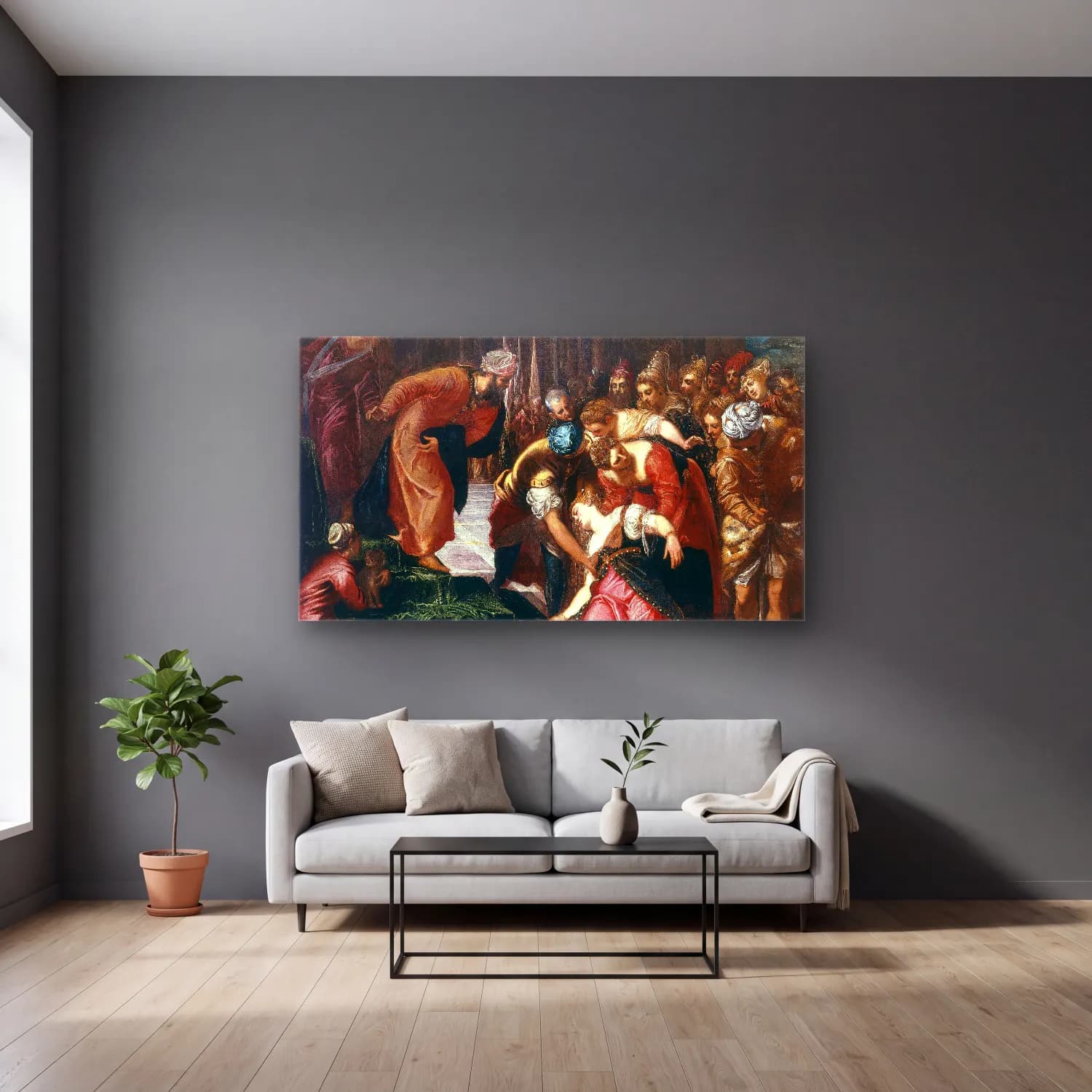 Jacopo Tintoretto – Esther before Ahasuerus cam tablo — gri duvarlı salonda