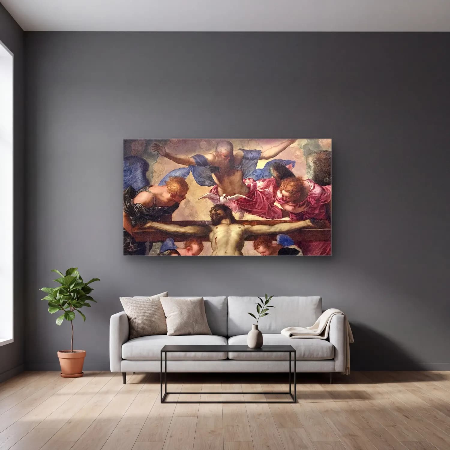 Jacopo Tintoretto – Holy Trinity cam tablo — gri duvarlı salonda