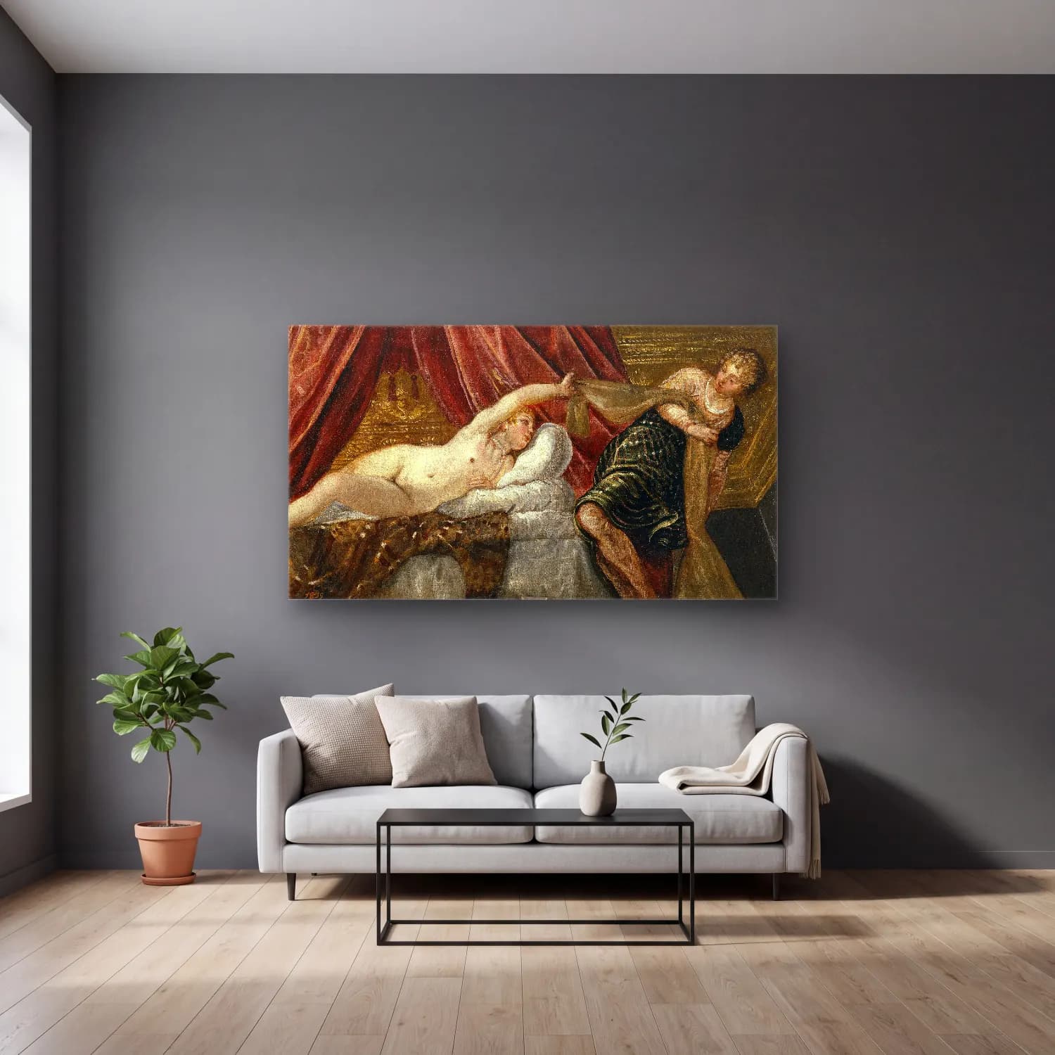 Jacopo Tintoretto – Joseph and Potiphar s Wife cam tablo — gri duvarlı salonda