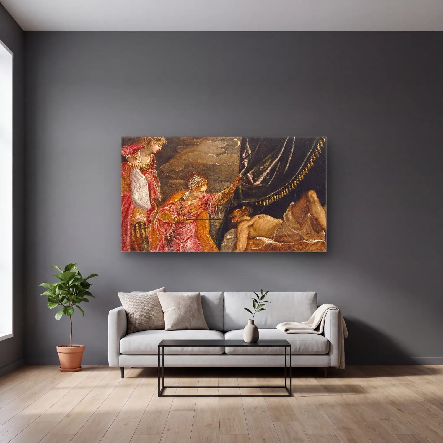 Jacopo Tintoretto – Judith and Holofernes cam tablo — gri duvarlı salonda