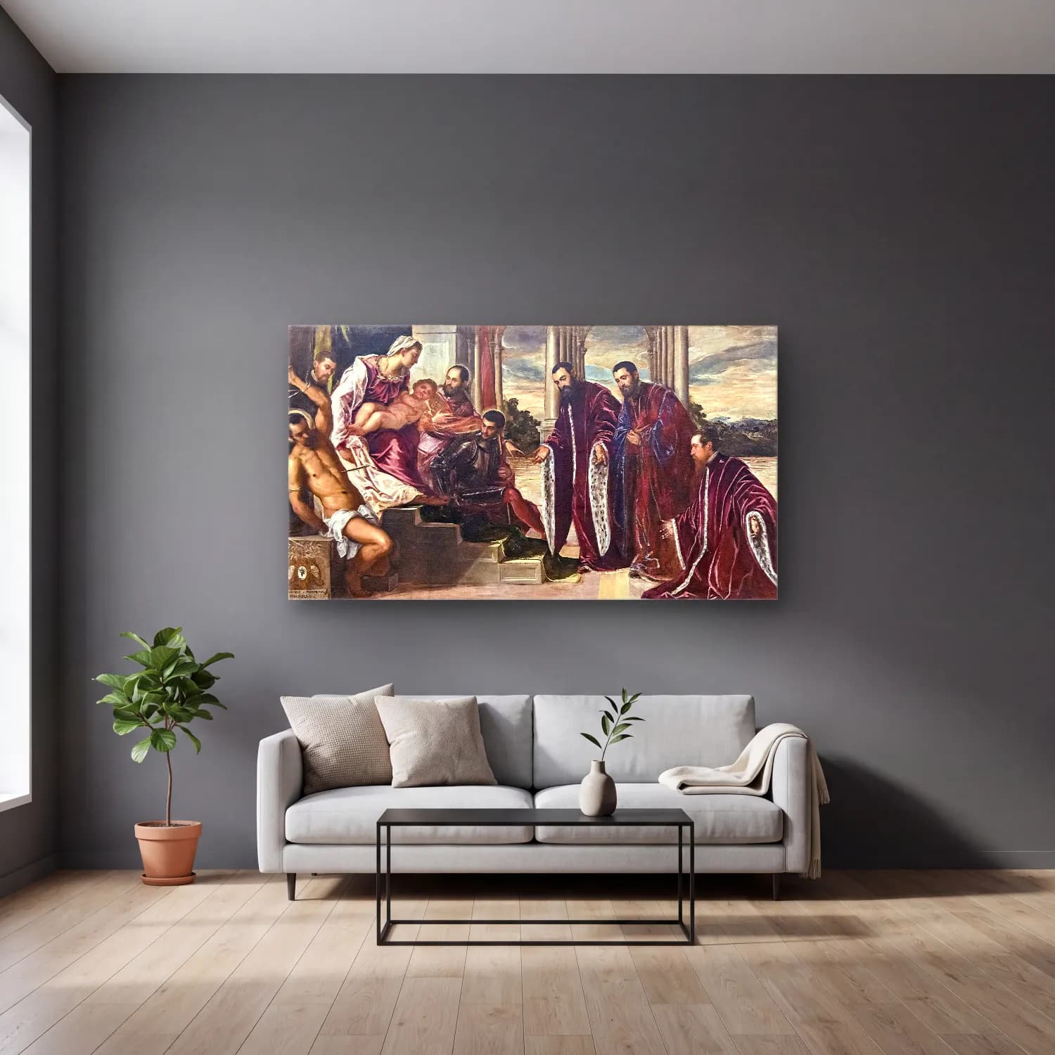 Jacopo Tintoretto – Madonna dei Tesorieri cam tablo — gri duvarlı salonda