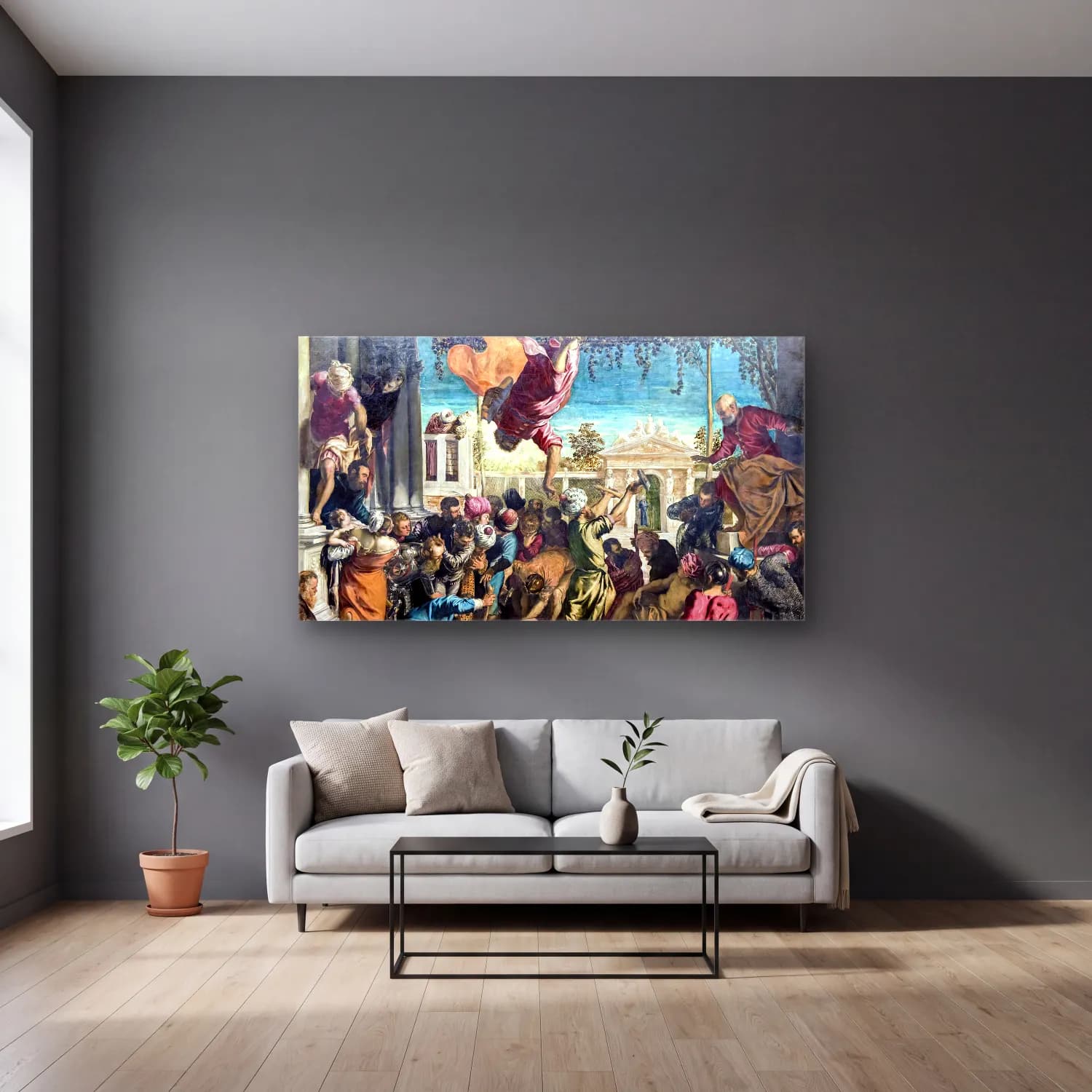 Jacopo Tintoretto – Miracle of the Slave cam tablo — gri duvarlı salonda