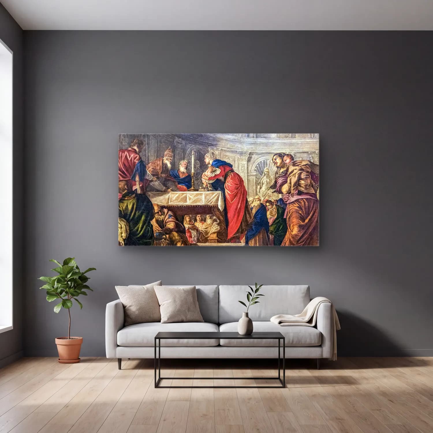 Jacopo Tintoretto – Presentation of Jesus Christ at the Temple cam tablo — gri duvarlı salonda