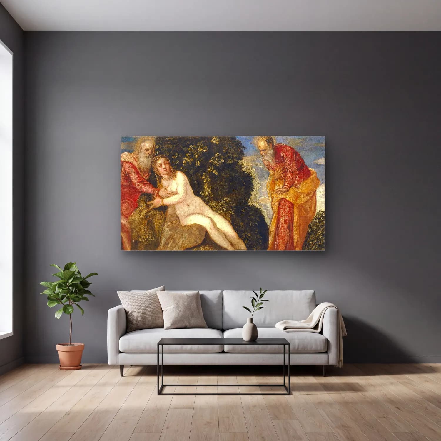 Jacopo Tintoretto – Susana y los viejos cam tablo — gri duvarlı salonda