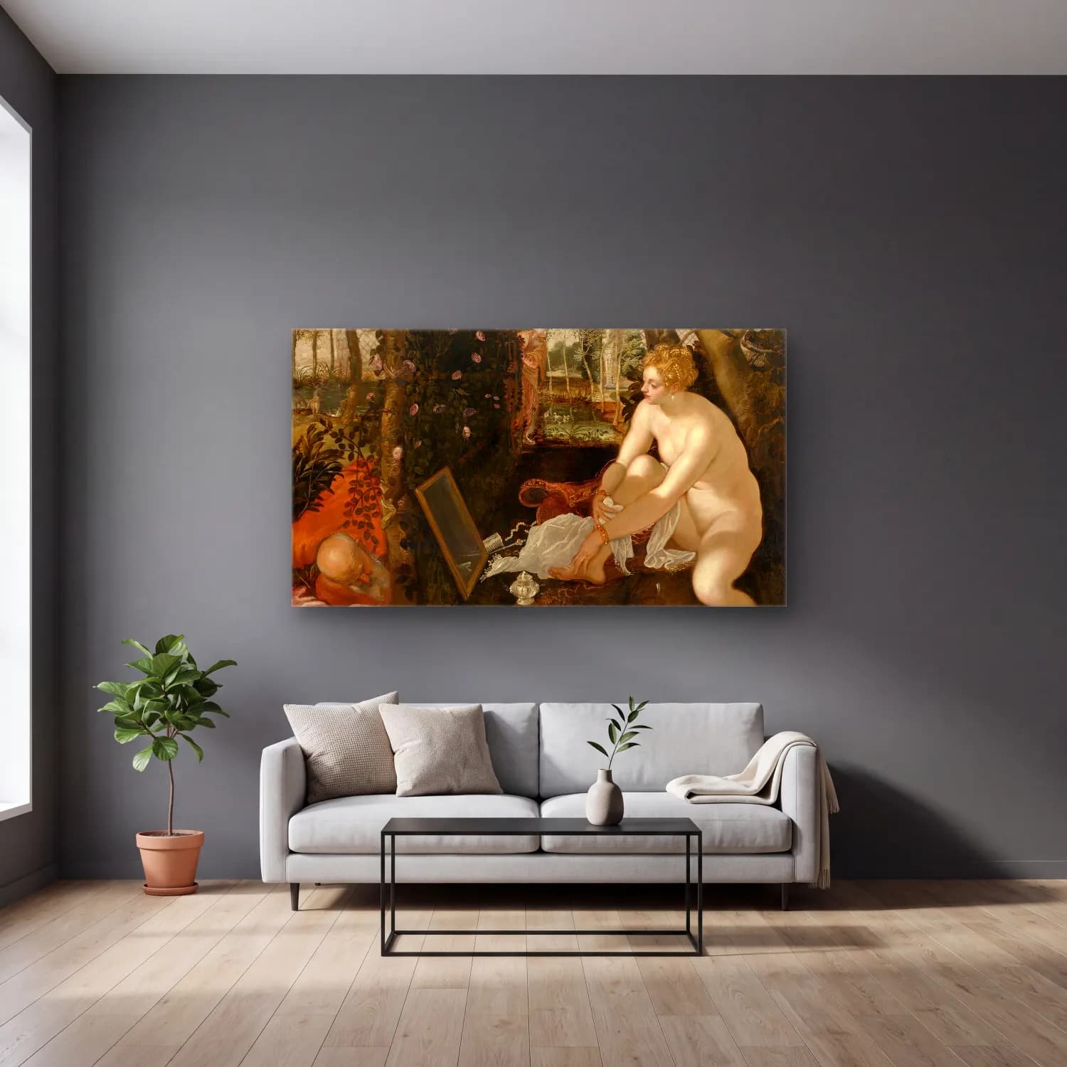 Jacopo Tintoretto – Susanna and the Elders cam tablo — gri duvarlı salonda