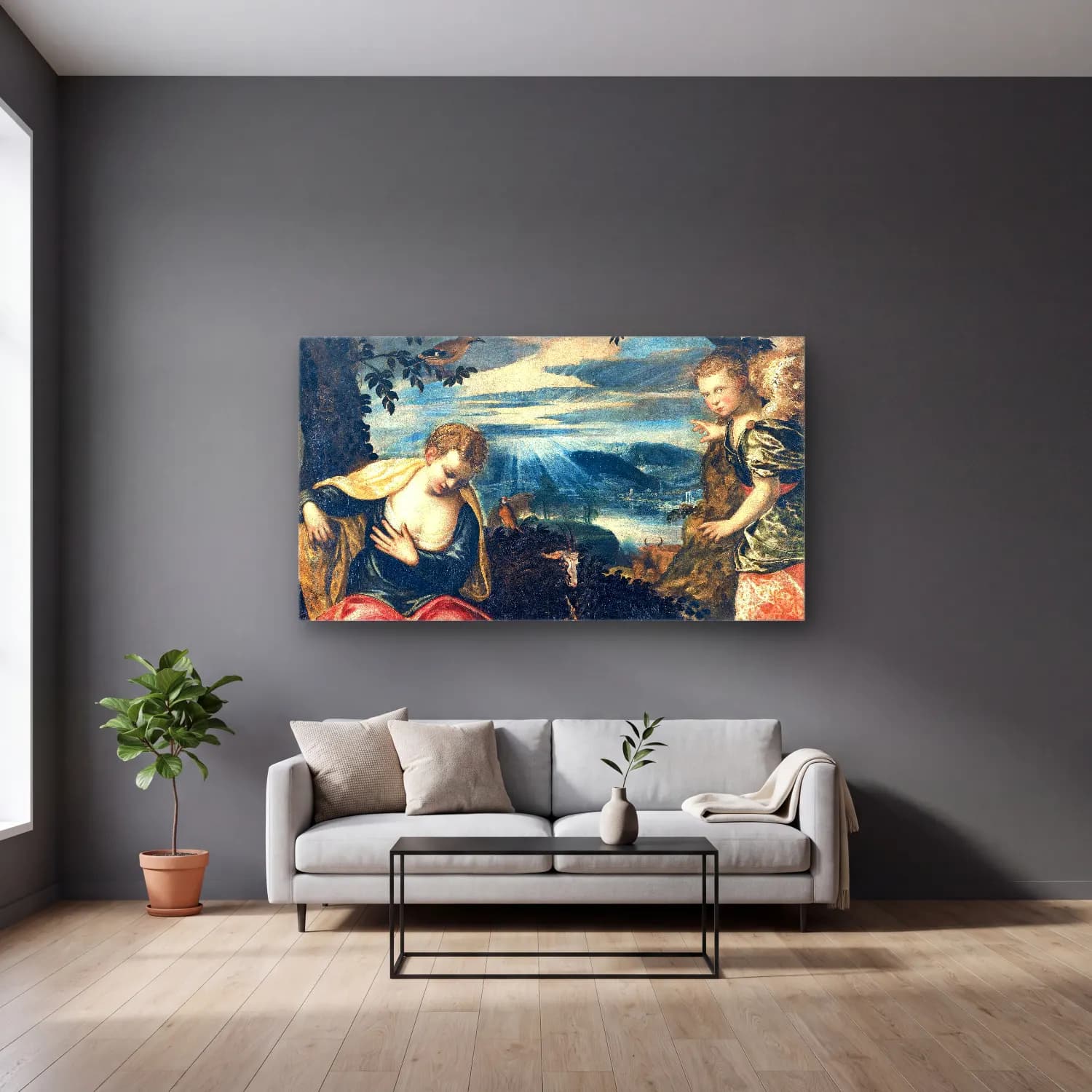 Jacopo Tintoretto – The Annunciation to Manoah s Wife cam tablo — gri duvarlı salonda