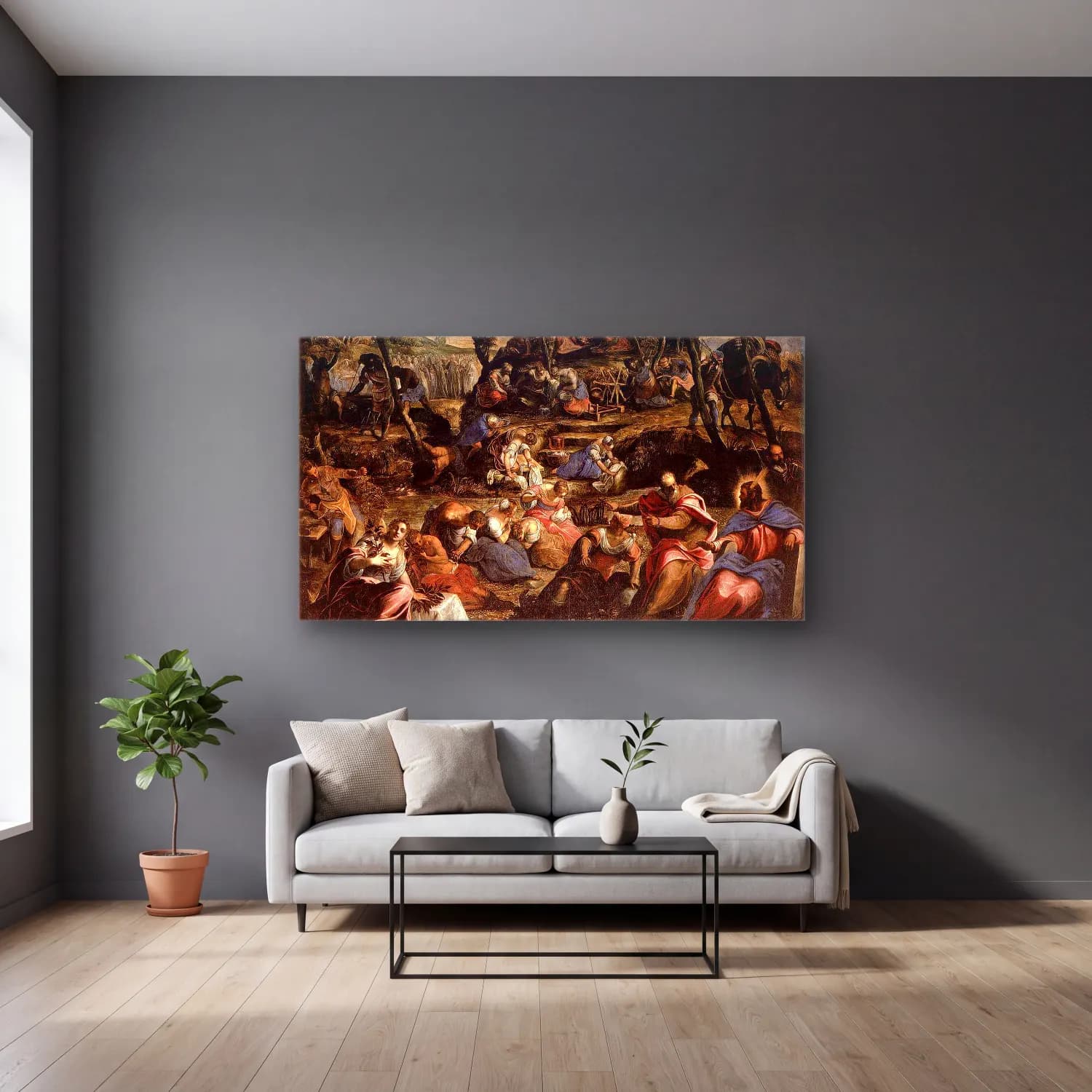 Jacopo Tintoretto – The Jews in the Desert cam tablo — gri duvarlı salonda