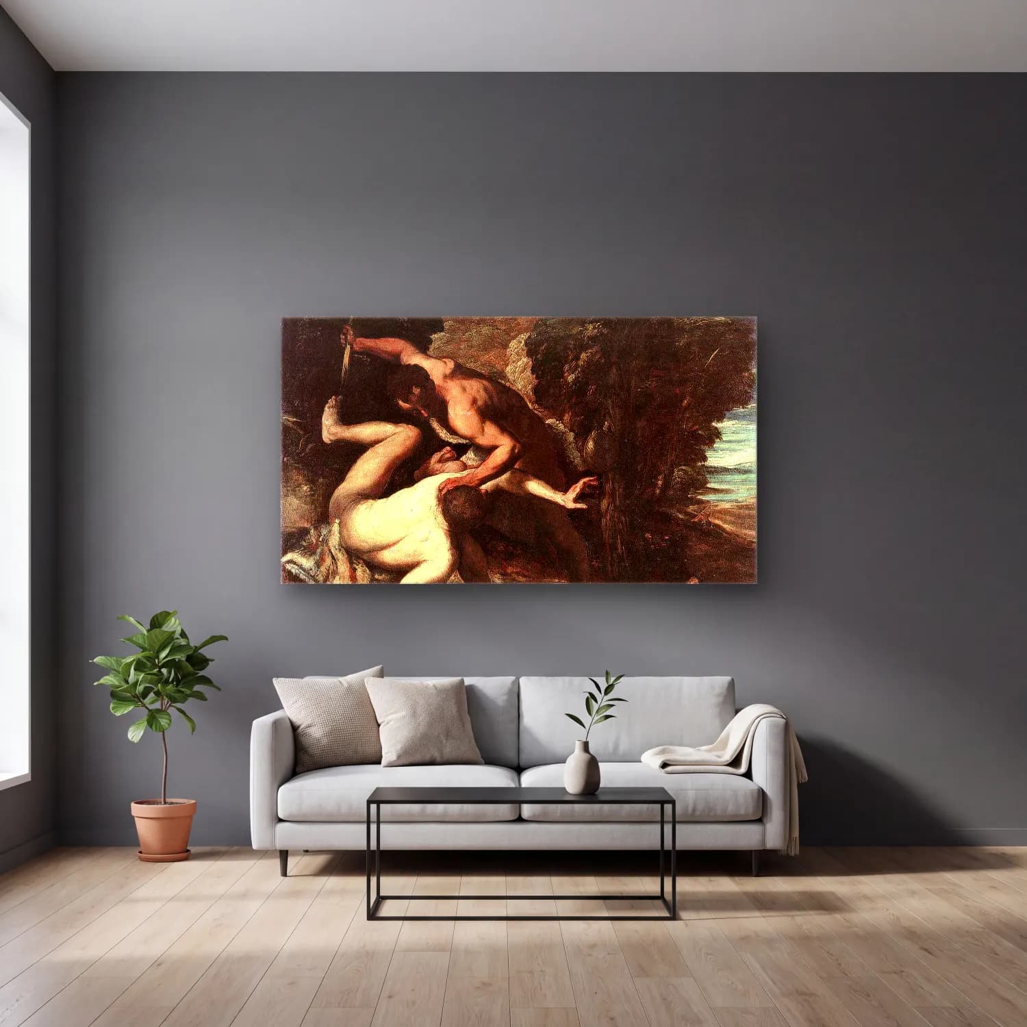 Jacopo Tintoretto – The Murder of Abel cam tablo — gri duvarlı salonda