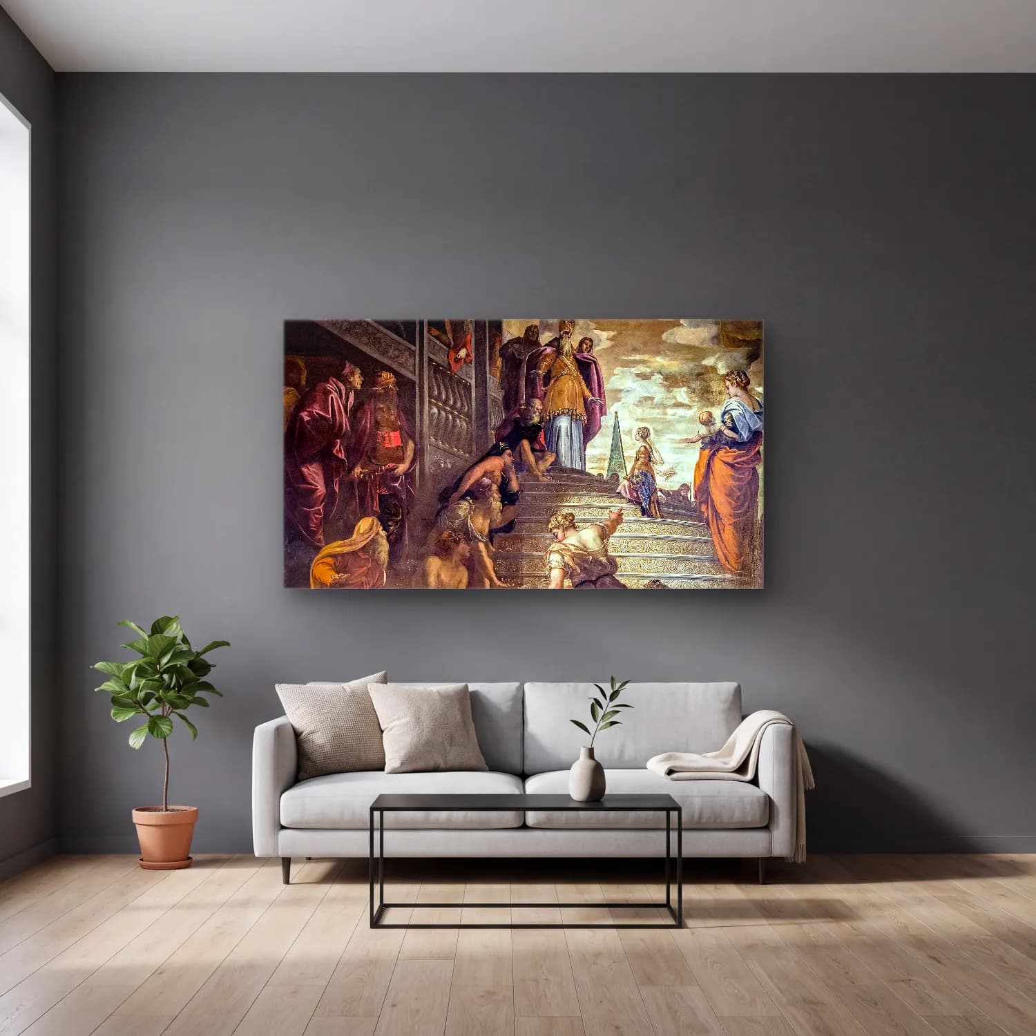 Jacopo Tintoretto – The Presentation of the Virgin cam tablo — gri duvarlı salonda