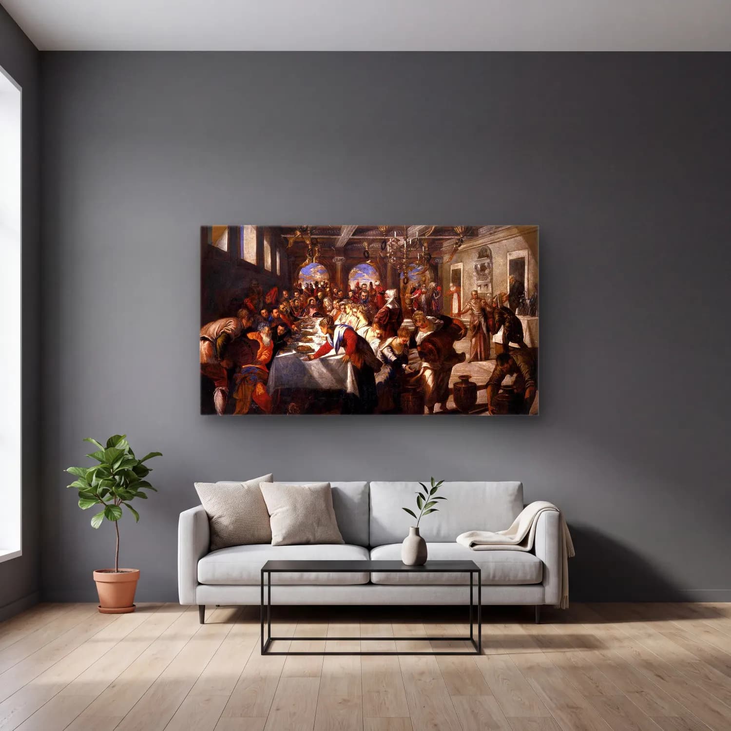 Jacopo Tintoretto – The Wedding at Cana cam tablo — gri duvarlı salonda