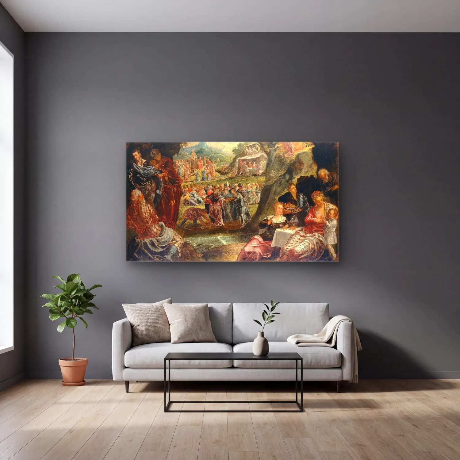 Jacopo Tintoretto – The Worship of the Golden Calf cam tablo — gri duvarlı salonda