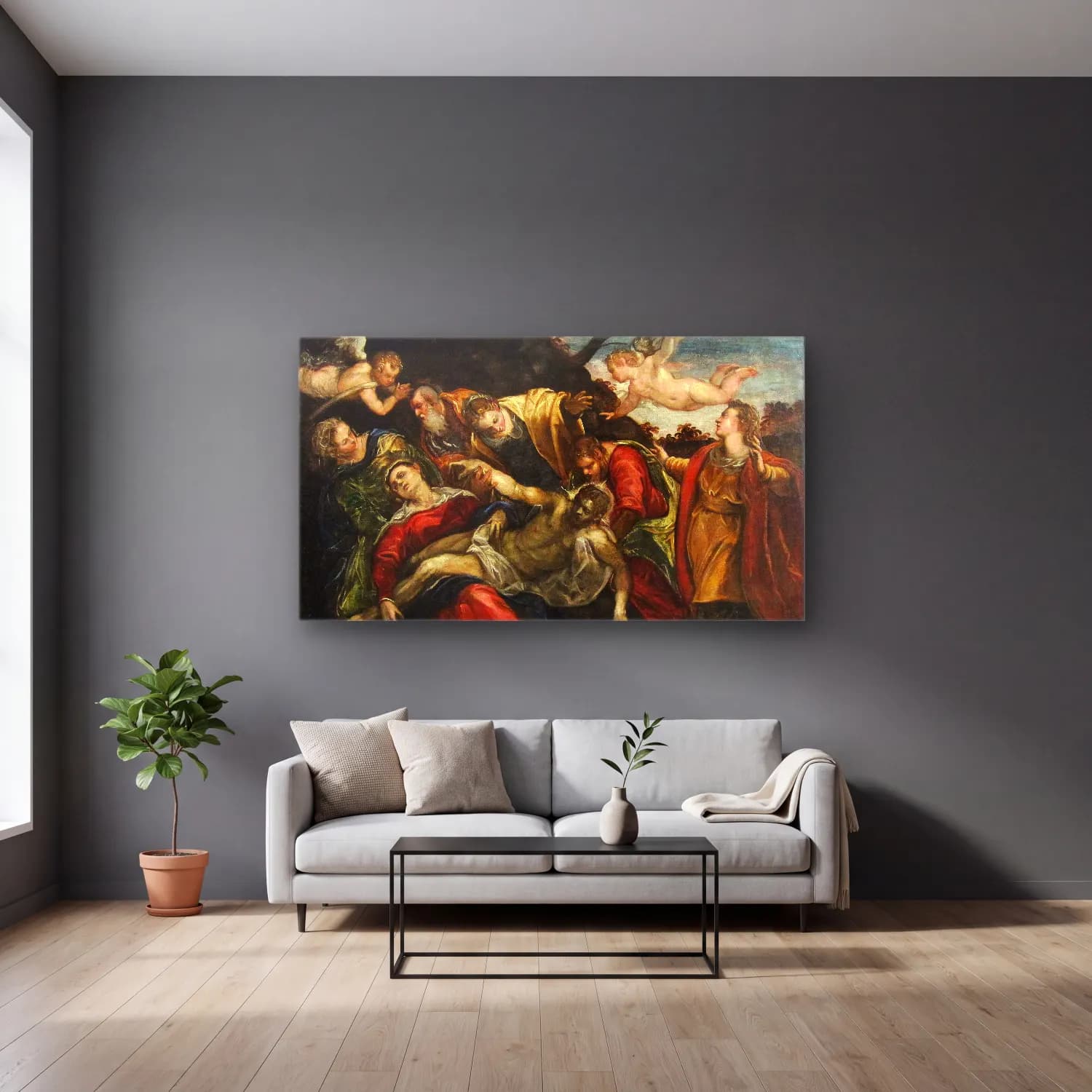 Jacopo Tintoretto – The lamentation over the dead Christ cam tablo — gri duvarlı salonda