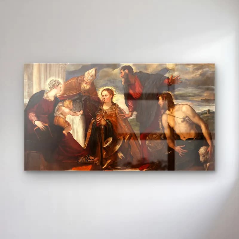 Jacopo Tintoretto – Virgin and Child, with Saint Catherine, Saint Augustin,… cam tablo — Jacopo Tintoretto – Virgin and Child, with Saint Catherine, Saint Augustin,… — yağlı boya dini sahne