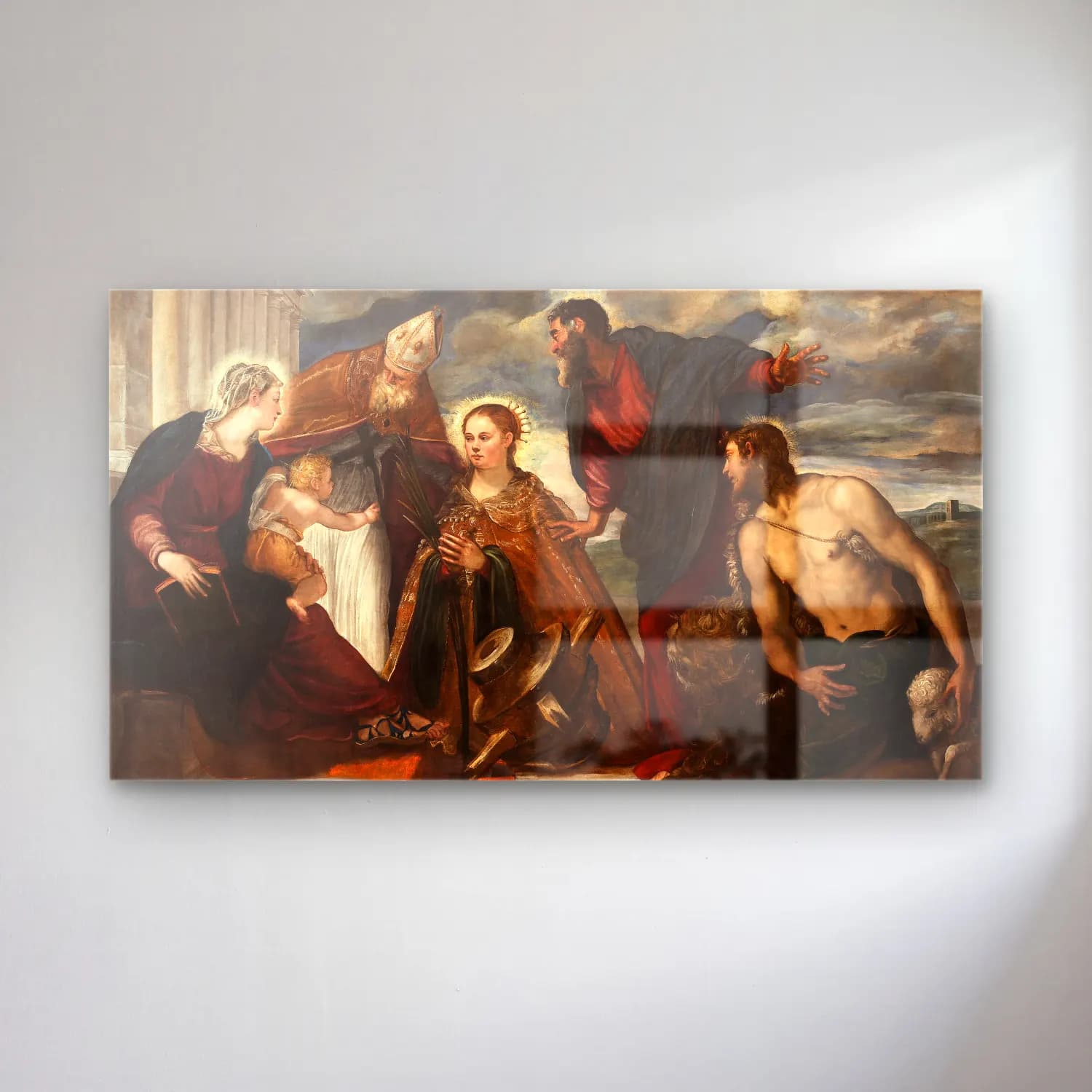 Jacopo Tintoretto – Virgin and Child, with Saint Catherine, Saint Augustin,… cam tablo — Jacopo Tintoretto – Virgin and Child, with Saint Catherine, Saint Augustin,… — yağlı boya dini sahne