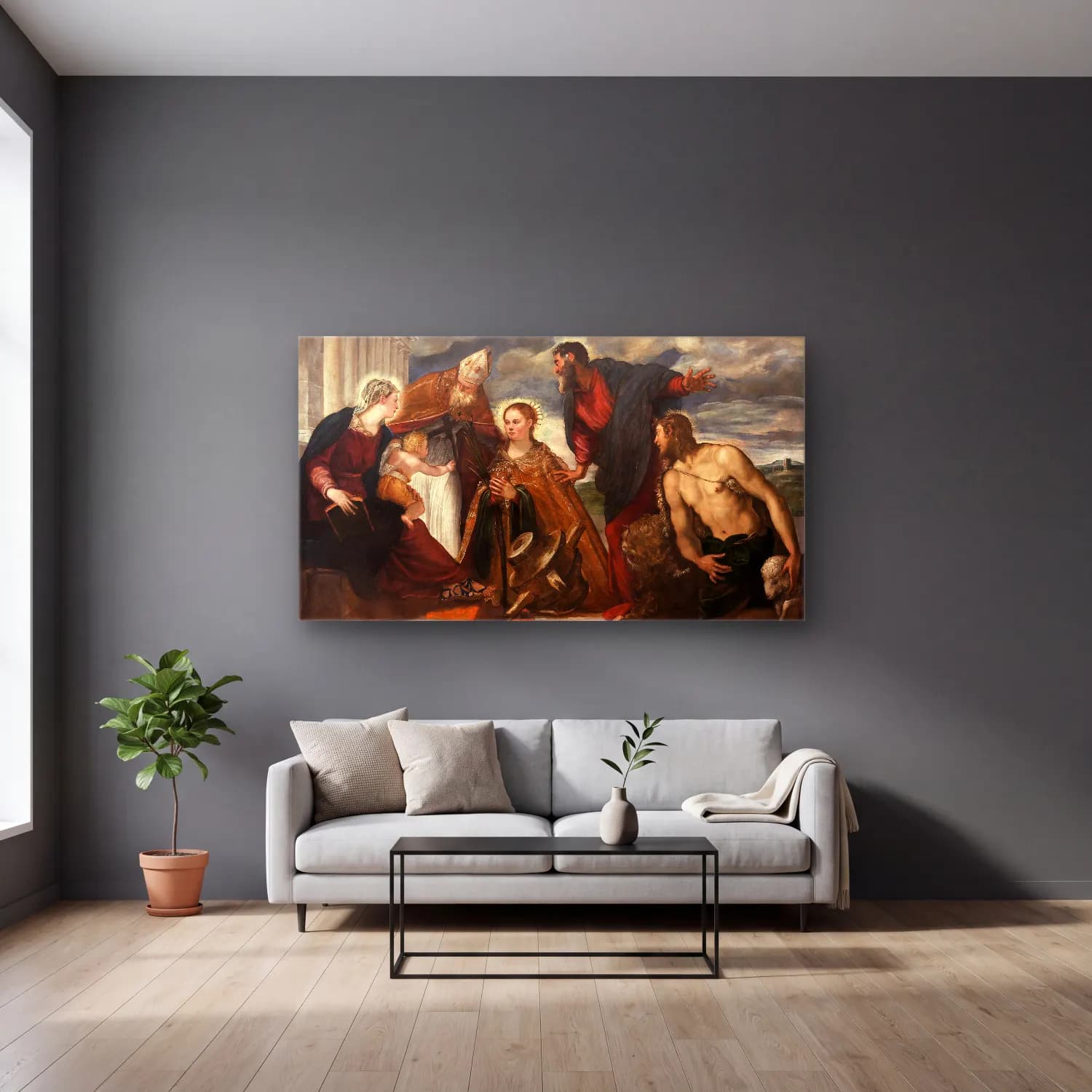 Jacopo Tintoretto – Virgin and Child, with Saint Catherine, Saint Augustin,… cam tablo — gri duvarlı salonda