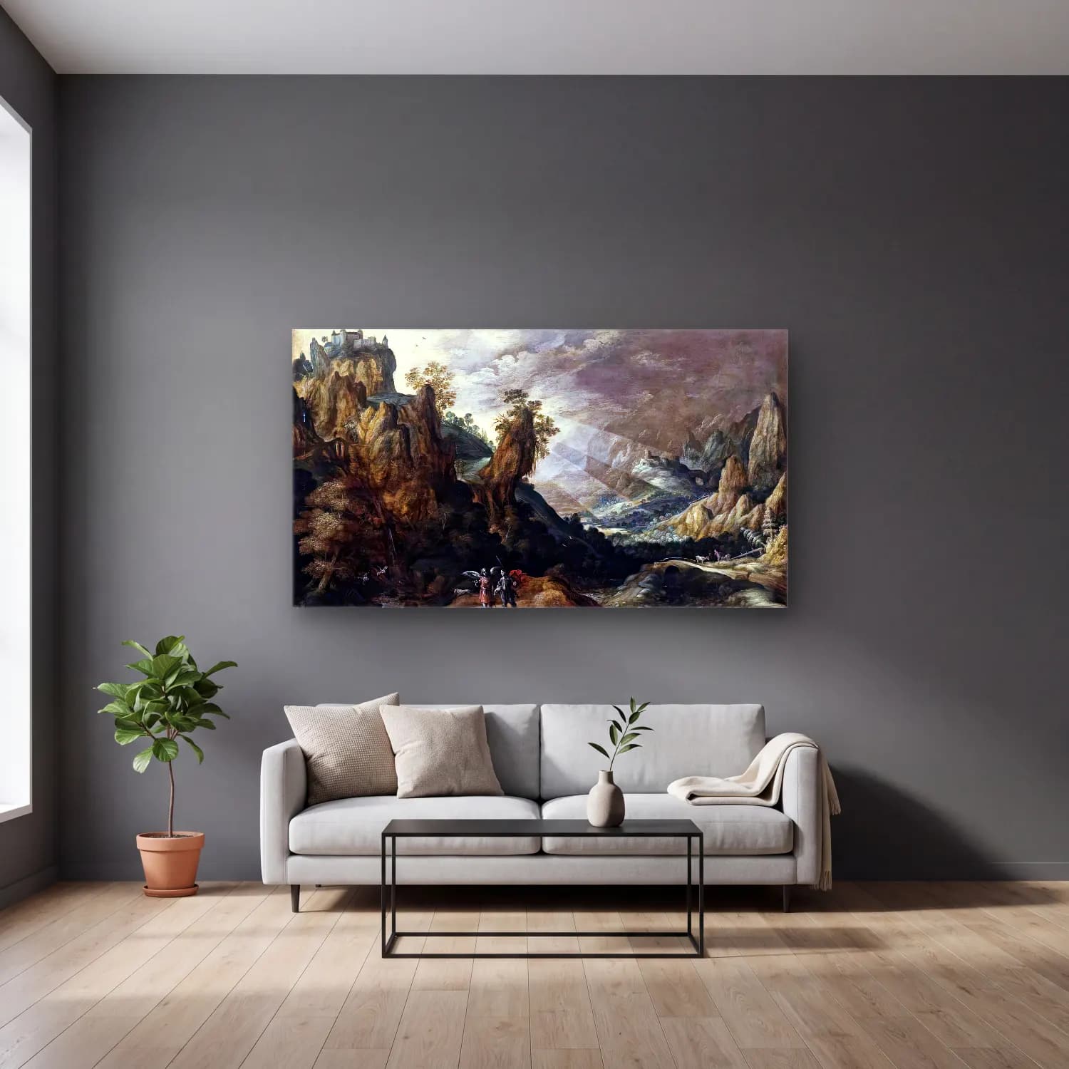 Kerstiaen de Keuninck – Landscape with Tobias and the Angel cam tablo — gri duvarlı salonda