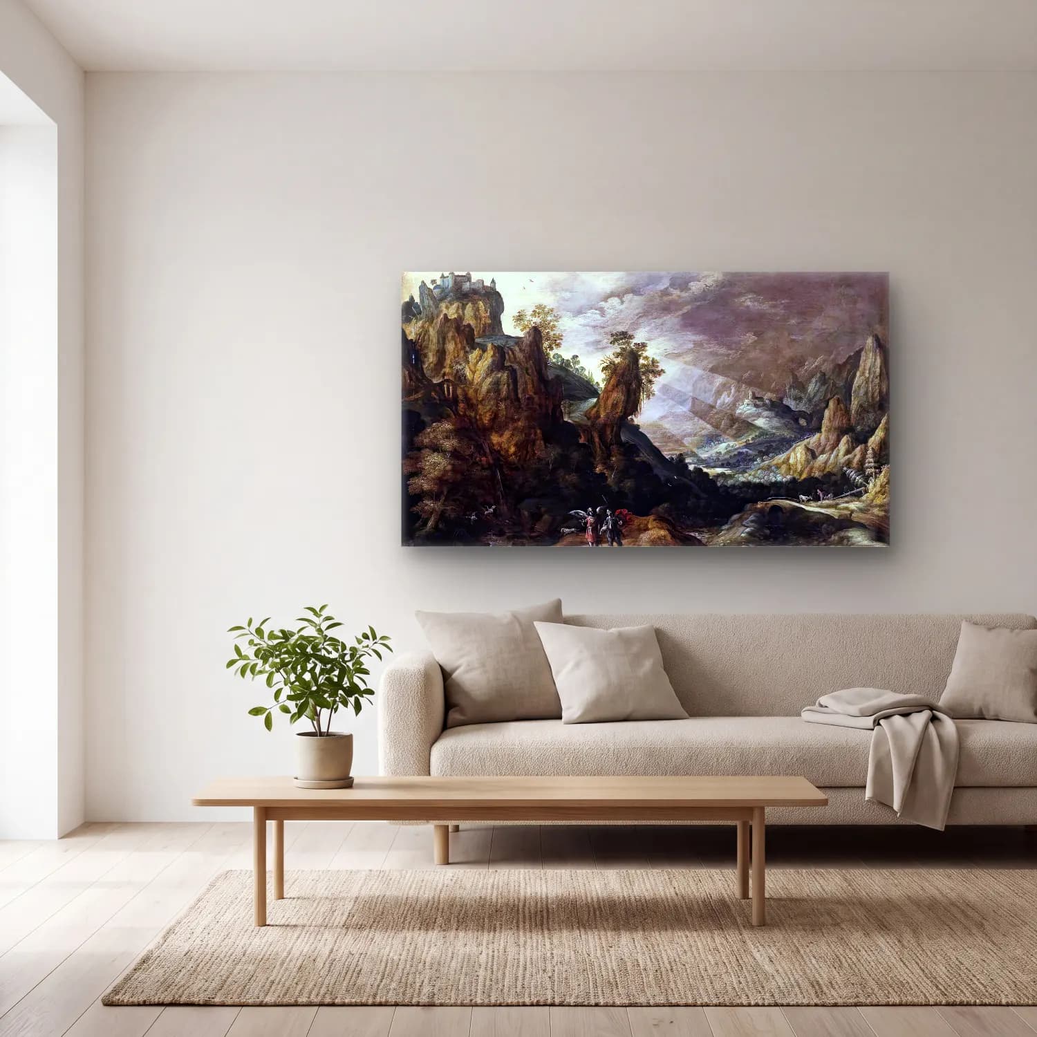 Kerstiaen de Keuninck – Landscape with Tobias and the Angel cam tablo — açık renk salonda