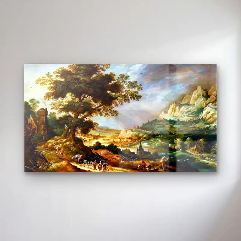 Kerstiaen de Keuninck – Mountainous Landscape with Travellers cam tablo — Kerstiaen de Keuninck – Mountainous Landscape with Travellers — yağlı boya dağ manzarası