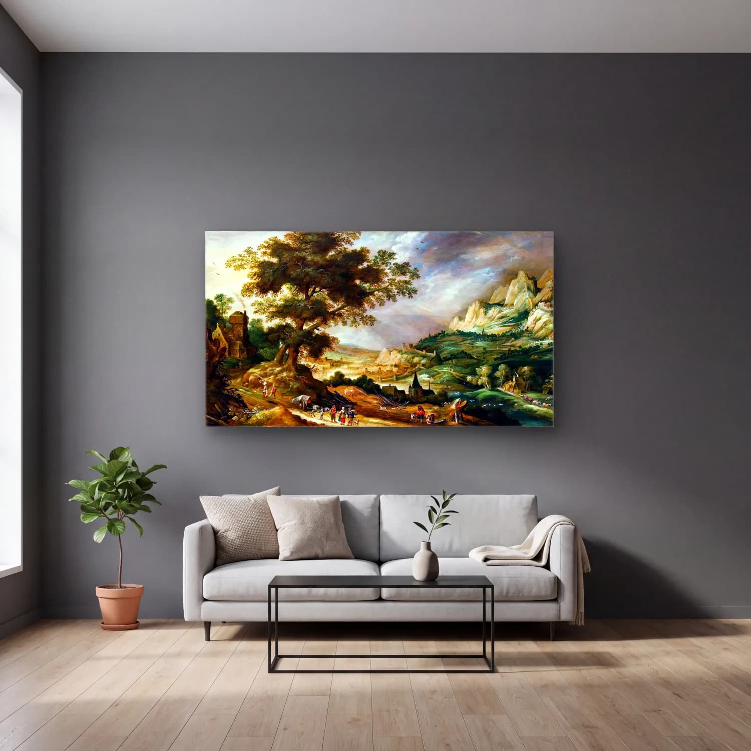 Kerstiaen de Keuninck – Mountainous Landscape with Travellers cam tablo — gri duvarlı salonda