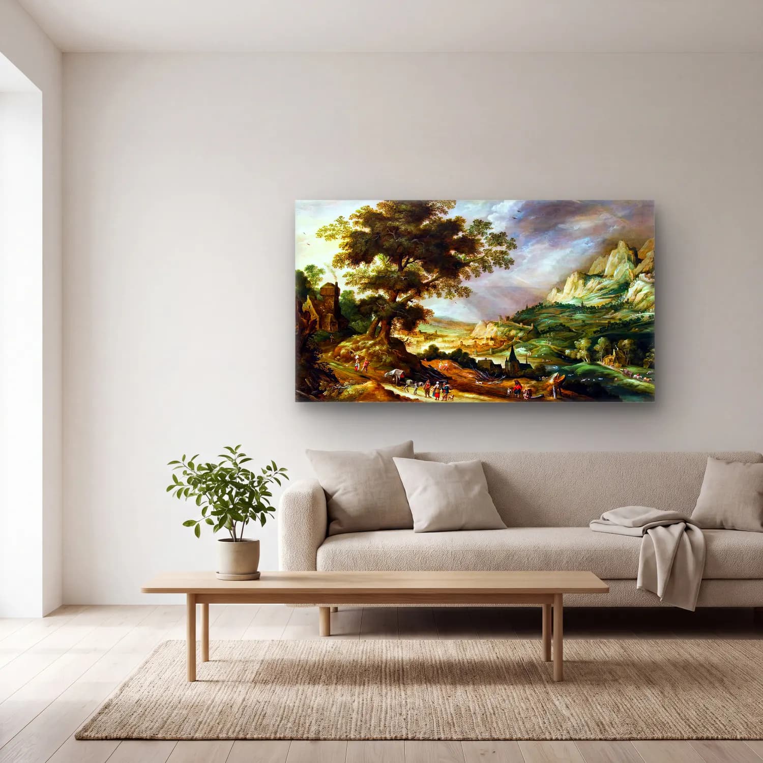 Kerstiaen de Keuninck – Mountainous Landscape with Travellers cam tablo — açık renk salonda