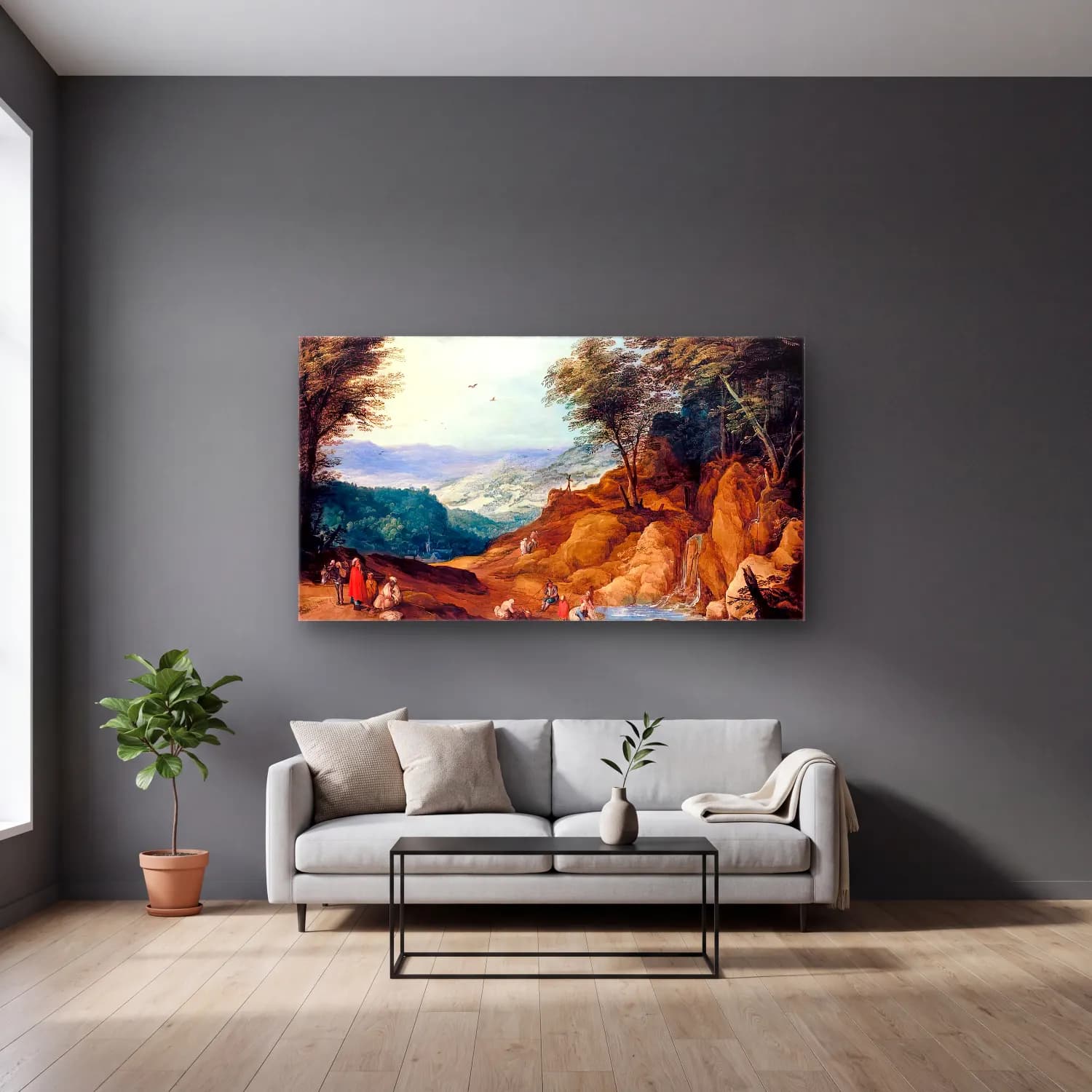 Joos de Momper – Extensive Mountainous Landscape cam tablo — gri duvarlı salonda