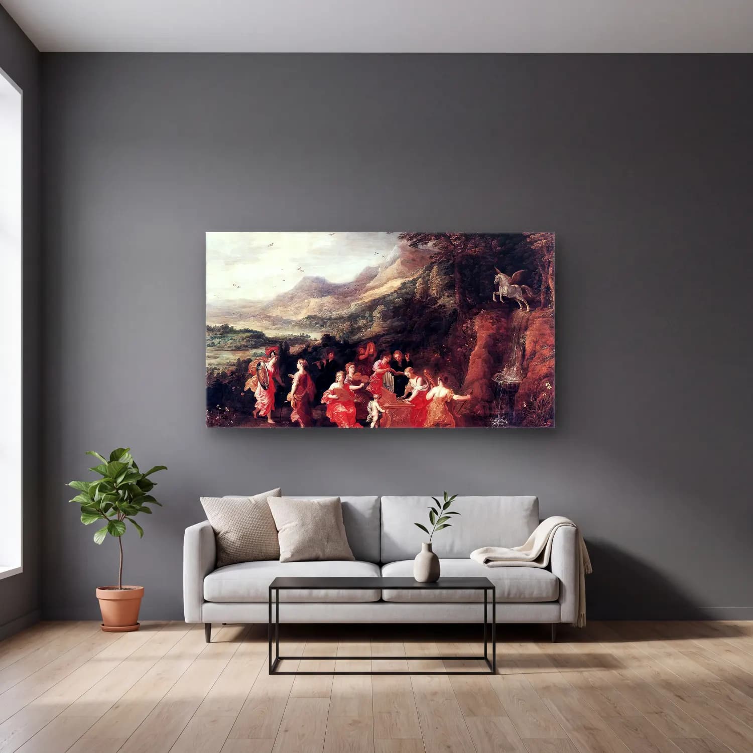 Joos de Momper – Helicon or Minerva s Visit to the Muses cam tablo — gri duvarlı salonda