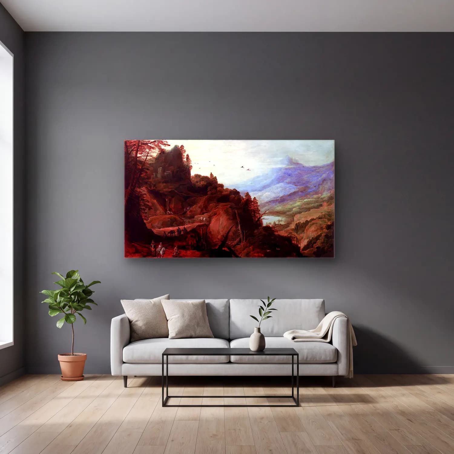Joos de Momper – Landscape with a Mountain Pass cam tablo — gri duvarlı salonda